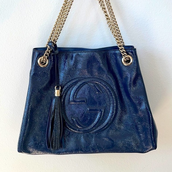 GUCCI Navy blue patent leather SOHO double chain GG tote bag large Rare - Picture 2 of 10